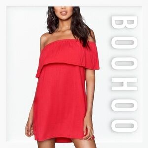 NWT Boohoo Off the Shoulder Cherry Red Swing Dress sz 6